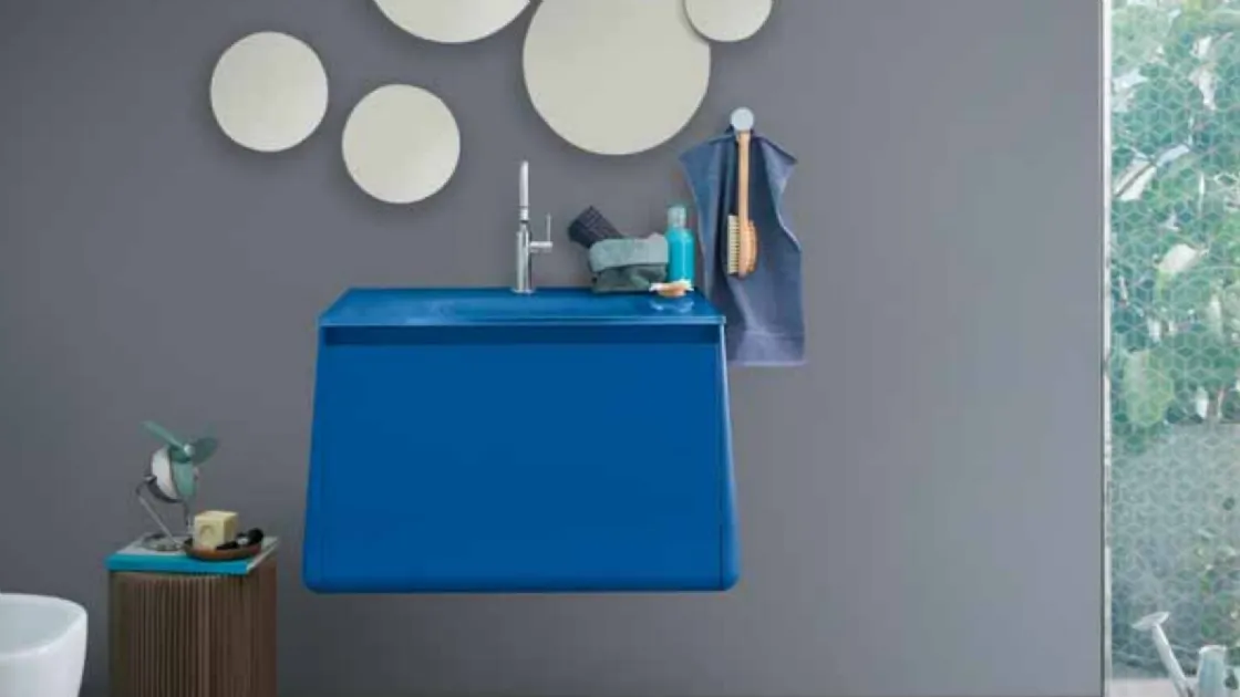 Mobile bagno sospeso di design in laccato opaco blu genziana Campus 05 di Birex