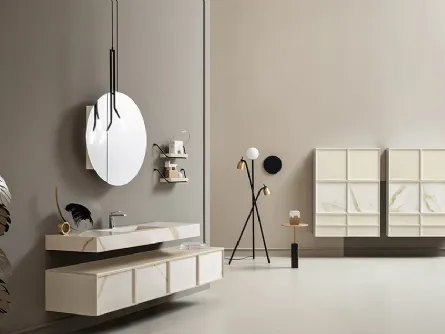 Mobile da Bagno sospeso Des 02 con frontali in laminam Calacatta Oro di Cerasa