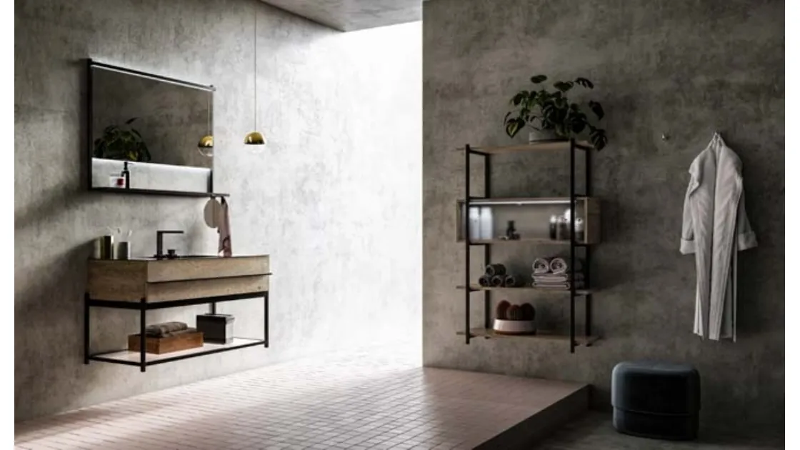 Mobile da Bagno sospeso in rovere e alluminio con top in gres Sidero 05 di Birex