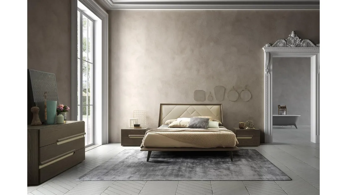 Letto in legno Cliff con testiera rivestita in pelle trapuntata di Mobilgam