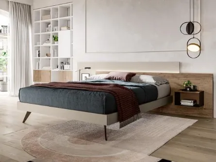 Letto moderno con testiera in nobilitato essenza Rovere vintage e laccato opaco Duo di Villanova