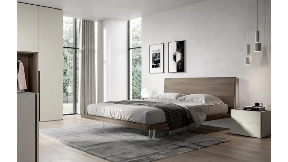 Letto dal design moderno semplice e lineare con testiera in nobilitato essenza Olmo juta e piedini trasparenti Zeo di Villanova