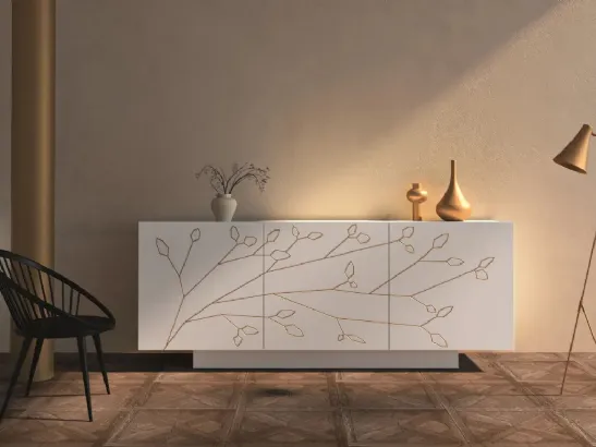 Madia Folium in laccato opaco bianco con decoro floreale semplice color champagne di Fratelli Mirandola