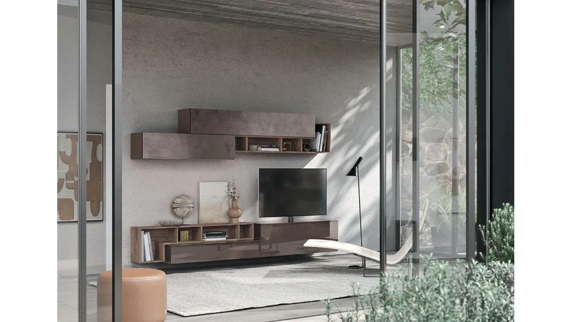 Parete Attrezzata Composizione Horizon 904 in legno, laccato lucido e materico di Mobilgam