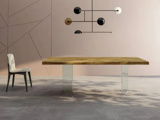Tavolo Milos di Fratelli Mirandola con piano in legno di rovere con base in vetro di Fratelli Mirandola