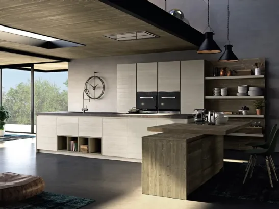 Cucina Moderna in legno di abete grigio con penisola Mood 01 di Fratelli Mirandola