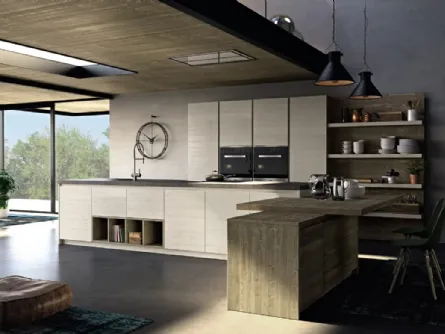 Cucina Moderna in legno di abete grigio con penisola Mood 01 di Fratelli Mirandola