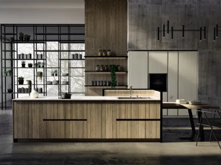 Cucina Moderna lineare con penisola New Step 02 in legno di abete con ante dogate di Fratelli Mirandola