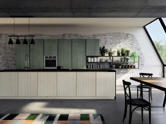 Cucina Moderna lineare New Step 04 con doghe e venature verticali realizzata in abete massello spazzolato a tre strati e laccato opaco liscio di Fratelli Mirandola