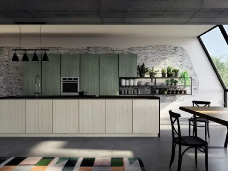 Cucina Moderna lineare New Step 04 con doghe e venature verticali realizzata in abete massello spazzolato a tre strati e laccato opaco liscio di Fratelli Mirandola
