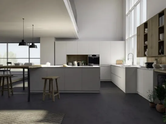 Cucina elegante con isola centrale New Time Gola in rovere vulcano e rovere natura di Mirandola